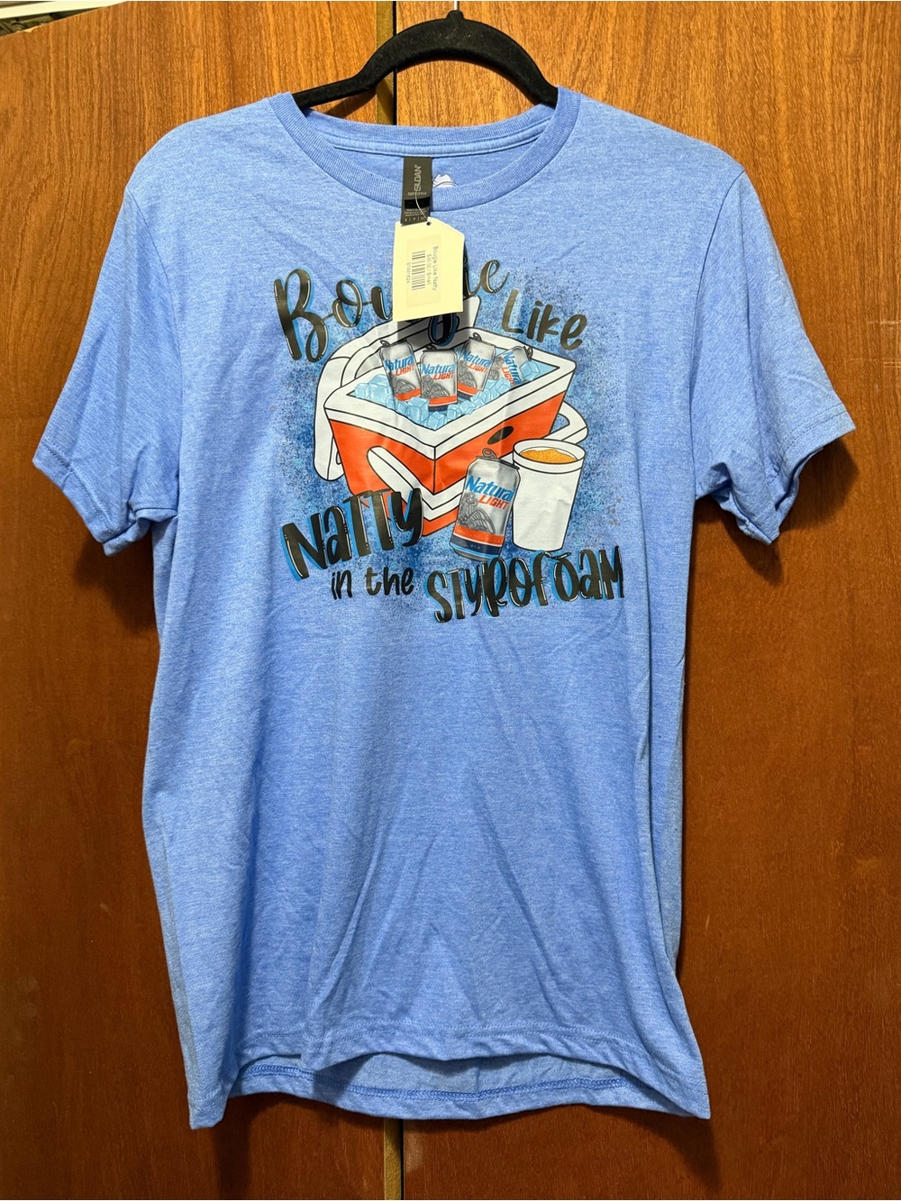 Light Blue Graphic Men’s T-Shirt with Cooler and Beverage Print